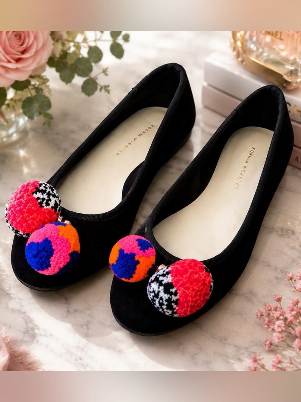 Sophia Webster Black Velvet Pom Pom Ballet Flats Size 35.5 EU / 5.5 US